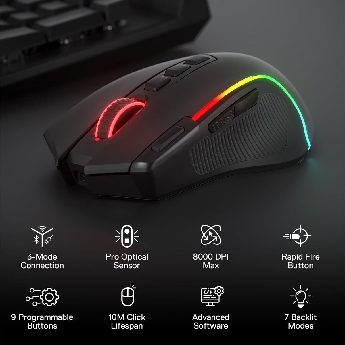 Wireless Optical Mouse with 9 Programmable Buttons & 7 Backlit Modes ...