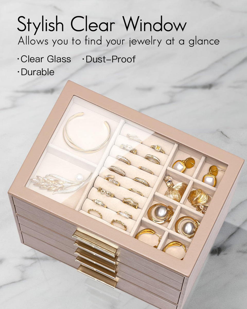 VLANDO 5 Layer Jewelry Box for Women, Glass Lid Jewelry Organizer with ...