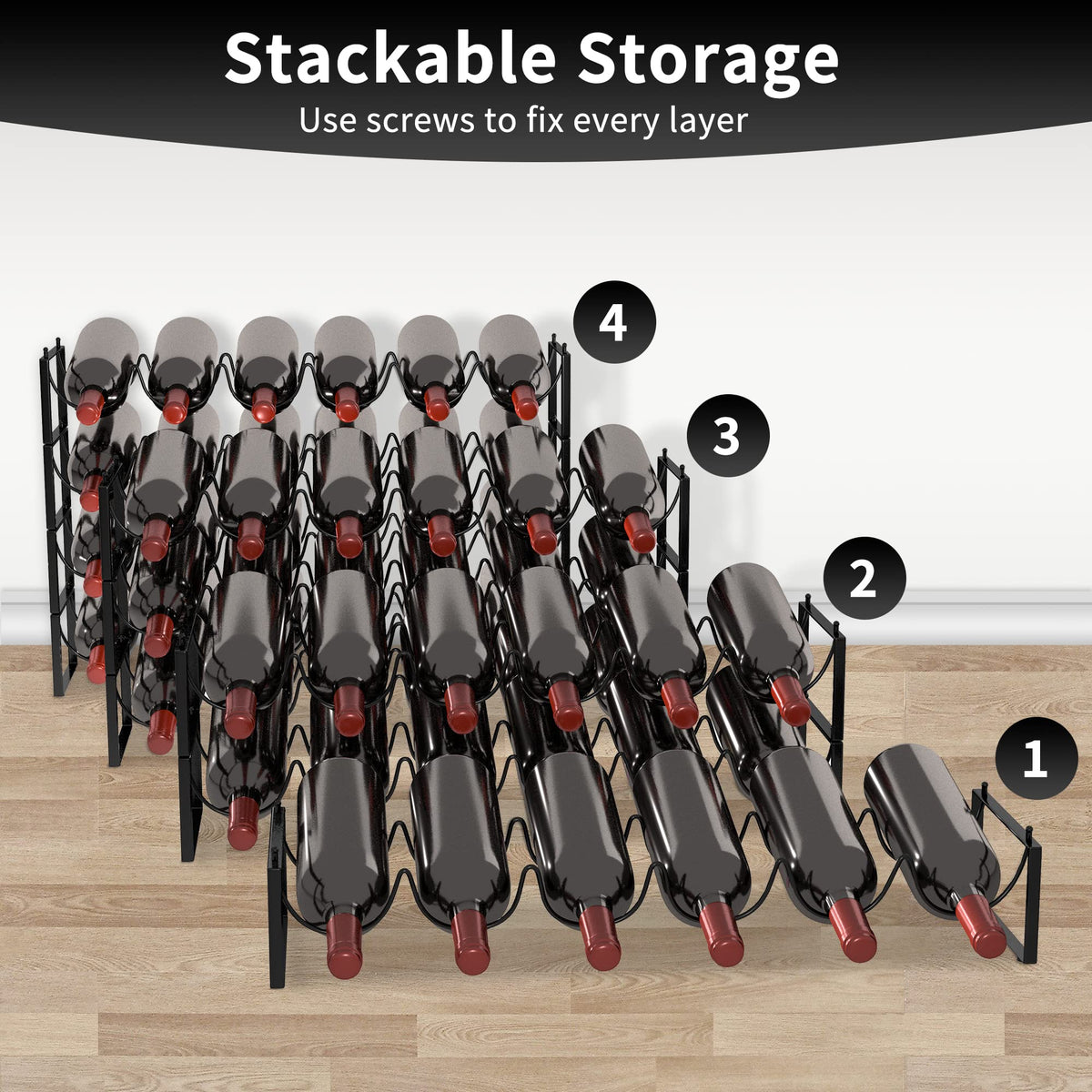 TONLEA Stackable 4-Tier Wine Rack - Holds 16 Bottles, 3-in-1 Modular Design For Kitchen & Pantry (Dark Black, Version 2.0)