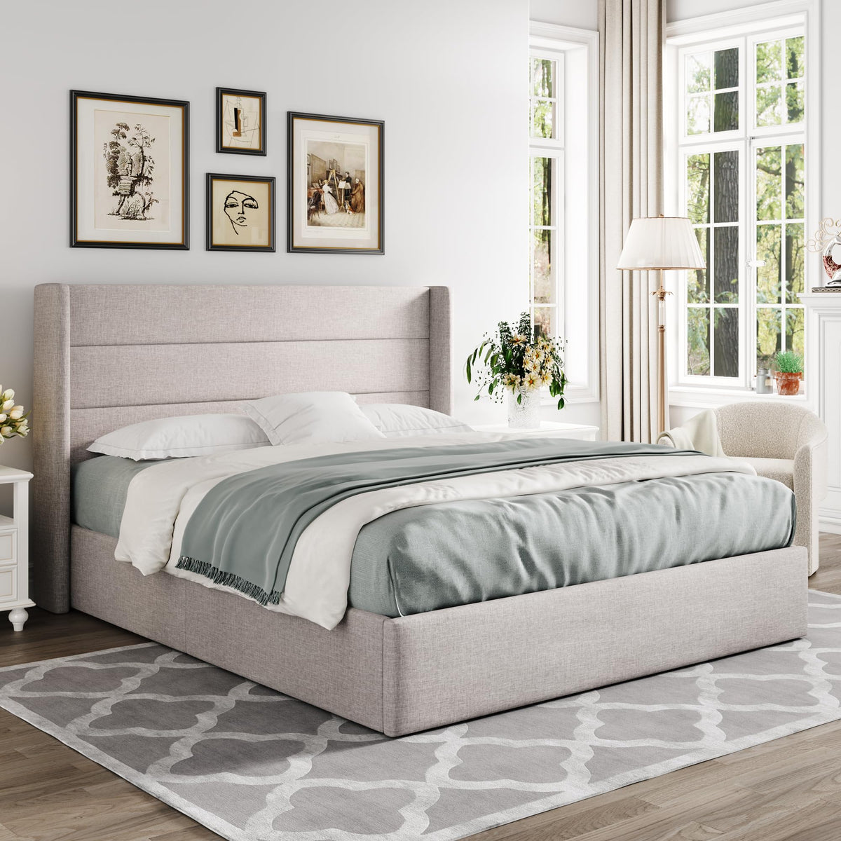 Allewie Queen Size Lift Up Storage Bed, Modern Wingback Headboard, Hyd ...