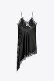 Women's Satin Lace Dress Asymmetric Cocktail Mini Dress Layering Essentials Elegant Dresses Date Night Outfits(Black,L)