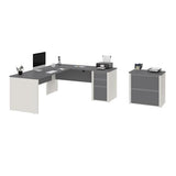 BOWERY HILL L-Shaped Office Set with Lateral File, Sandstone Finish, Commercial Grade Melamine Work Surface