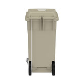 Safco Products 9926TN Rolling Mobile Plastic Step-On Trash Can for Hands-Free Disposal, Great for Home/Commercial Use, 32 Gallon, Tan Safco