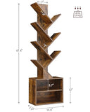 SUNMORY 6 Tier Tree Bookshelf, Small Bookcase with Storage Cabinet, Modern Tall Narrow Bookshelves Organizer, Rustic Brown