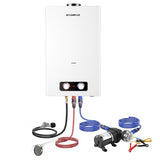 CAMPLUX Tankless Water Heater Outdoor, 4.22 GPM Propane Water Heater with 3.3 GPM Water Pump Kit & Pipe Strainer, for Off Grid, Cabins, 110,000 BTU, BD422P120