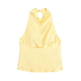 Maohao Women's Silk Satin Tank Tops Halter Draped Front Sexy Backless Womens Summer Tops Elegant Camisole Tops (Yellow,M)