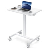 DUMOS Small Standing Desk Mobile Portable Rolling Laptop PC Table on Wheels Adjustable Height Computer Workstation, 19 Inch, Modern White