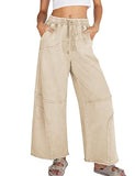 Athlisan Womens Casual Wide Leg Sweatpants High Waist Acid Wash Palazzo Pants with Pockets(Khaki-XL)