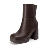 Athlefit Women's Platform Ankle Boots High Chunky Block Heel Brown Boots Fashion Square Toe Zipper Heeled Booties Size 9.5