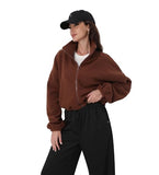 BOWOXO Cropped Fleece Winter Hiking Jacket for Women Cozy Fleece with Secure Side Pockets with 3F Zipper Long Sleeve Windproof Coat（Coffee，XL）