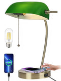Newrays Green Glass Bankers Desk Lamp with Wireless Charger, USB Charging Port for Home Office,Stepless Dimmable Table Lamp Plug in Fixture