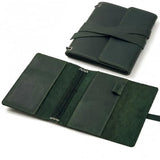 Leather Journal Cover – Refillable A6 Notebook Cover (5.3" x 6.5") with 3 Elastic Bands for Multiple Inserts, Genuine Leather Travel Diary Case with Pockets & Pen Holder Green (Inserts Not Included)