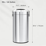 Urban 24 Gallon Round Stainless Steel Open Top Waste Bin, Tall Commercial Trash Can for Indoor/Outdoor