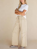 Athlisan Womens Casual Wide Leg Sweatpants High Waist Acid Wash Palazzo Pants with Pockets(Khaki-XL)