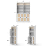 Tall Bookshelf with LED - Rattan Wood Door Design, 7 Tier Bookcase Set of 2, Curio Cabinets with Storage