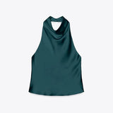 Maohao Women's Silk Satin Tank Tops Halter Draped Front Sexy Backless Womens Summer Tops Elegant Camisole Tops (Green,M)