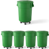 5 PACK! 55 Gallon Round Trash Can with Lid and Dolly, 200 Liter Commercial Trash Can