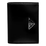 Prada Unisex Bifold Black Polished Leather Triangle Logo Small Card Holder Wallet 1MV204