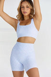 Womens Gingham Workout Sets 2 Piece Sets Summer Outfits Athletic Sports Bra High Waist Shorts Sets Matching Activewear Sets (Blue,X-Small)