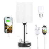 Small Bedside Table lamp for Bedroom - 3 Color Temperatures Bedside Lamps with USB C and A Ports, Pull Chain Table Lamps with AC Outlet