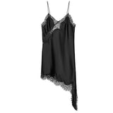 Women's Satin Lace Dress Asymmetric Cocktail Mini Dress Layering Essentials Elegant Dresses Date Night Outfits(Black,L)