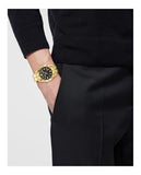 Versace Greca Time GMT Men’s Watch, Swiss Made Luxury Designer Watch with Black Guilloche Dial, Gold IP 41mm Stainless Steel Case, Gold Bracelet, Deployant Clasp, Date Display, 5 ATM