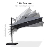 PURPLE LEAF 10 Feet Patio Umbrella with Base Outdoor Cantilever Solar Powered LED Swivel Square Umbrella, Grey