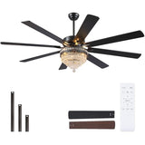 72 Inch Black Large Crystal Chandelier Ceiling Fans with Lights and Remote