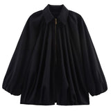 Talakeno Womens Puffed Bomber Jacket Casual Batwing Sleeve Lapel Collar Zip Shirts Oversized Pleated Streetwear Jackets(Black,M)