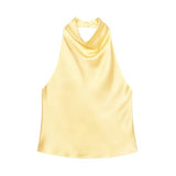 Maohao Women's Silk Satin Tank Tops Halter Draped Front Sexy Backless Womens Summer Tops Elegant Camisole Tops (Yellow,M)