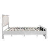 Queen Size Wooden Bed Frame with Upholstered Headboard, White Wood & Beige Fabric