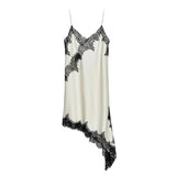 Women's Satin Lace Dress Asymmetric Cocktail Mini Dress Layering Essentials Elegant Dresses Date Night Outfits(White-Black,L)