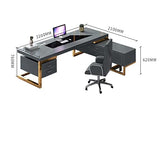DQXWJZOTPO L Shaped Desk Blue Luxury Home Office Furniture Design Gold Computer Leather Table