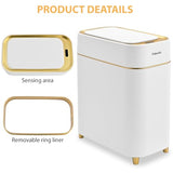 Pukomc Automatic Small Sensor Trash Can with Touchless Lid, 2.3 Gallon / 9L Smart Garbage Can, Quiet Close White Gold Waste Bin