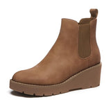 Athlefit Women's Chelsea Wedge Boots Elastic Platform Lug Sole Slip on Wedge Ankle Booties Brown Size 7.5