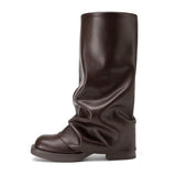 Athlefit Women's Slouchy Fold Over Boots Platform Low Heel Square Toe Slip On Wide Mid Calf Brown Boots for Office Work Walking Size 7