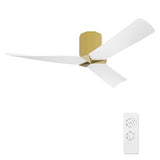 WINGBO 52" Ceiling Fan no Light - Brass and White DC Flush Mount Ceiling Fan, 3 ABS Plastic Curved Blades, 6 Speed Reversible DC Motor, Hugger Ceiling Fans No Light for Kitchen, Bedroom, Living Room