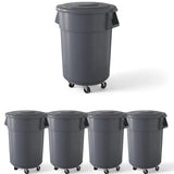 5 PACK! 55 Gallon Round Trash Can with Lid and Dolly, 200 Liter Commercial Trash Can, Trash Bin for Kitchen