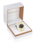Versace Greca Time GMT Men’s Watch, Swiss Made Luxury Designer Watch with Black Guilloche Dial, Gold IP 41mm Stainless Steel Case, Gold Bracelet, Deployant Clasp, Date Display, 5 ATM