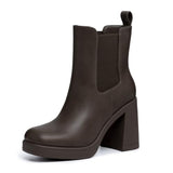 Athlefit Women's Platform Chelsea Boots High Chunky Heel Ankle Boots Square Toe Slip On Elastic Heeled Booties Dark Brown Size 8