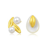 CHOW SANG SANG 24K 999.9 Gold Daily Luxe Willow & Pentals Pearl and Mother of Pearl Asymmetric Stud Earrings