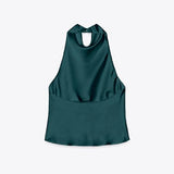 Maohao Women's Silk Satin Tank Tops Halter Draped Front Sexy Backless Womens Summer Tops Elegant Camisole Tops (Green,M)