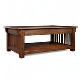 Leick Home Mission Impeccable Coffee Table, Solid Wood with 2 Drawers & Shelf, Medium Oak Finish, Blackened Hardware, Slatted Sides, Easy Assembly, 48 in W x 24 in D x 19 in H, 8204