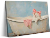 Cute Bathroom Cat In Bathtub Canvas Wall Art Trendy Pink Bow White Cat Wall Decor Pictures Aesthetic Posters Prints for Girly Bathroom Toilet Decoration 12x16in