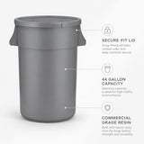 Getzi 7 Pack 44 Gallon Gray Round Commercial Trash Can with Lid