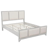 Queen Size Wooden Bed Frame with Upholstered Headboard, White Wood & Beige Fabric