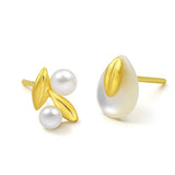 CHOW SANG SANG 24K 999.9 Gold Daily Luxe Willow & Pentals Pearl and Mother of Pearl Asymmetric Stud Earrings
