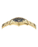 Versace Greca Time GMT Men’s Watch, Swiss Made Luxury Designer Watch with Black Guilloche Dial, Gold IP 41mm Stainless Steel Case, Gold Bracelet, Deployant Clasp, Date Display, 5 ATM