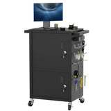 AV Cart - Heavy Duty Computer Cart with 2 Cabinets, Rolling Media Cart with 4 Outlets & Pegboard & Hooks