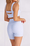 Womens Gingham Workout Sets 2 Piece Sets Summer Outfits Athletic Sports Bra High Waist Shorts Sets Matching Activewear Sets (Blue,X-Small)